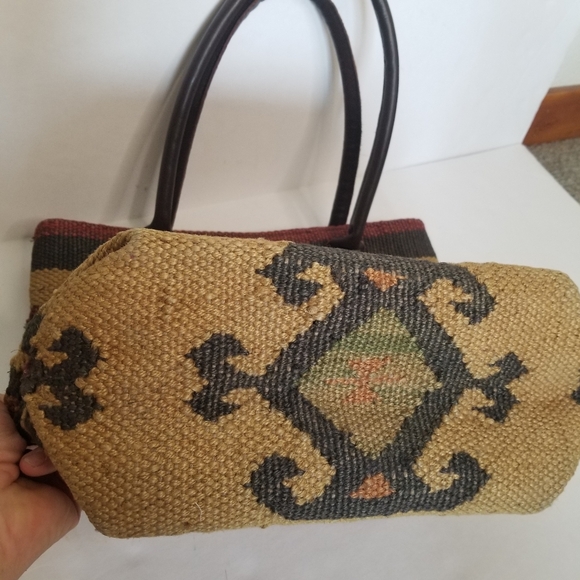 Kilim style jute bag with leather handles no brand - Picture 4 of 11